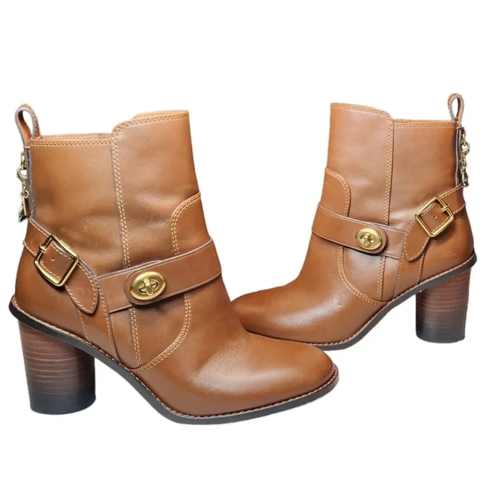 Coach Boots Saddle Leather Heel Gold Buckle‎ Brown Equestrian Boho Indie Lux 5.5
